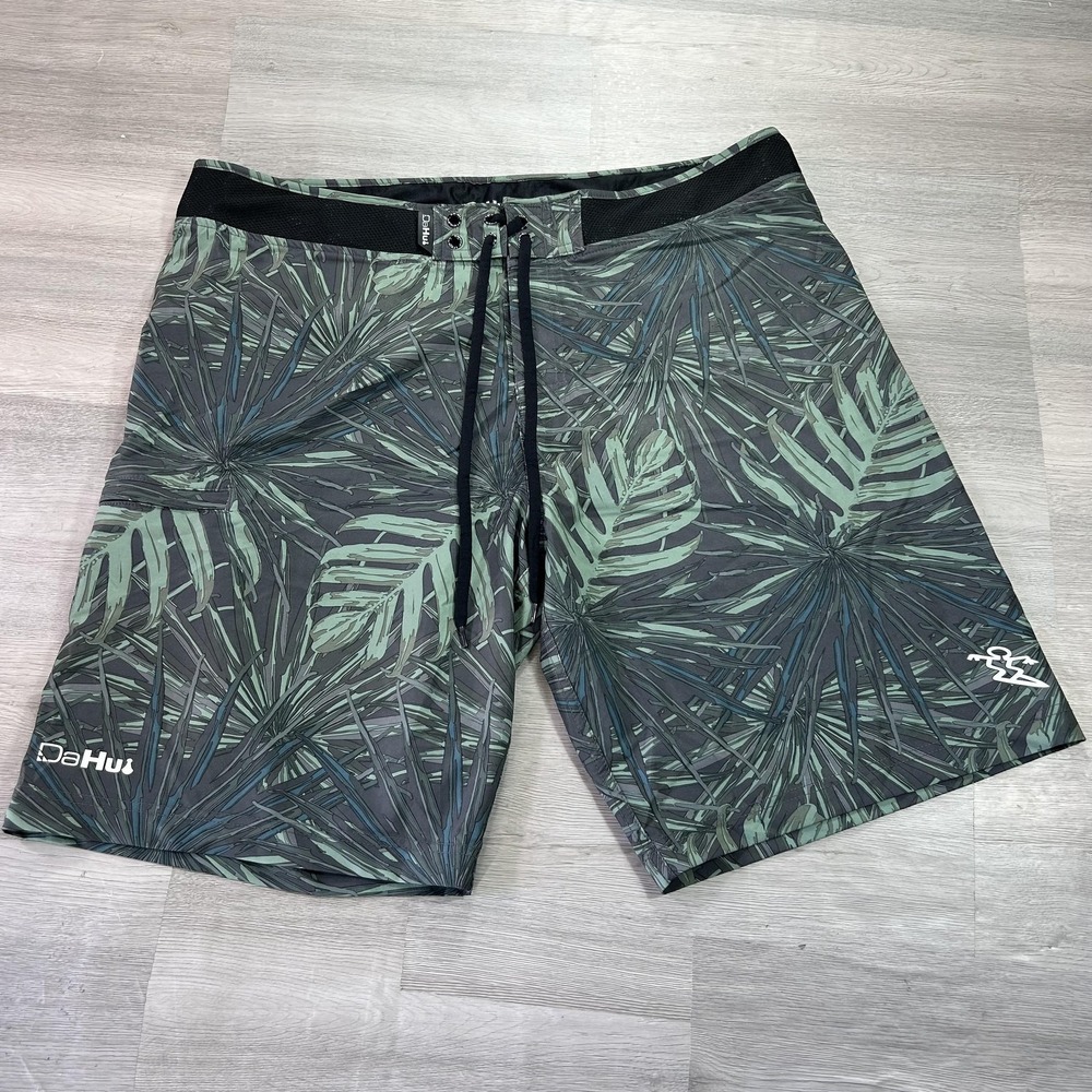 DaHui Boardshorts Mens 38 Green Tropical Palm Print Surf Swim Trunks Stretch